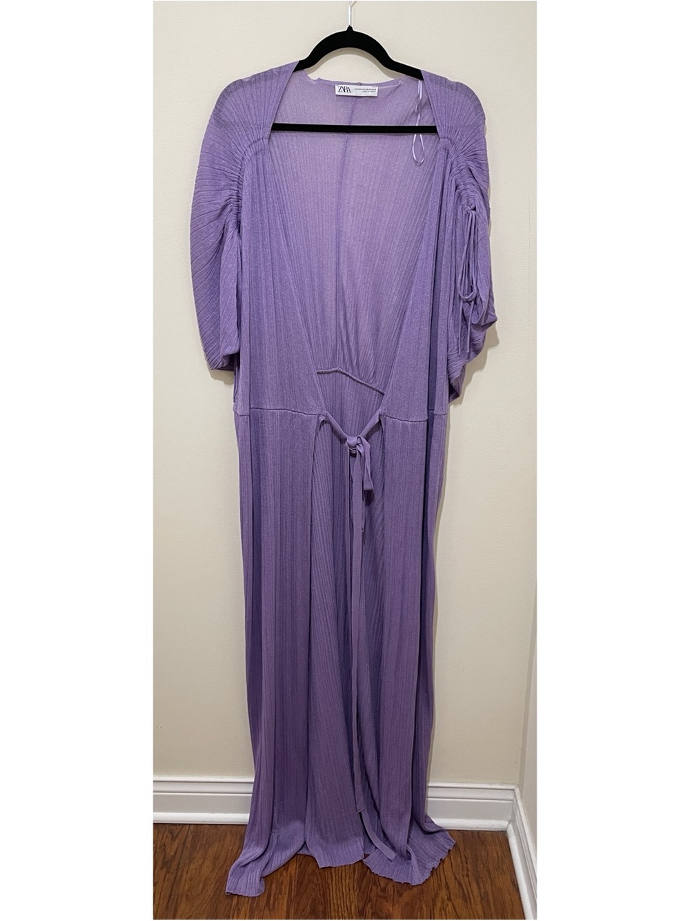 Zara Plisse Maxi Dress Ribbed Tie-Front Kimono-style, Size XS